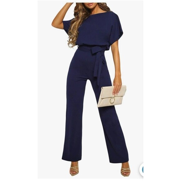 Womens Navy Jumpsuit Short Sleeve Belted Long Pants Back Keyhole Romper Small - Picture 1 of 6